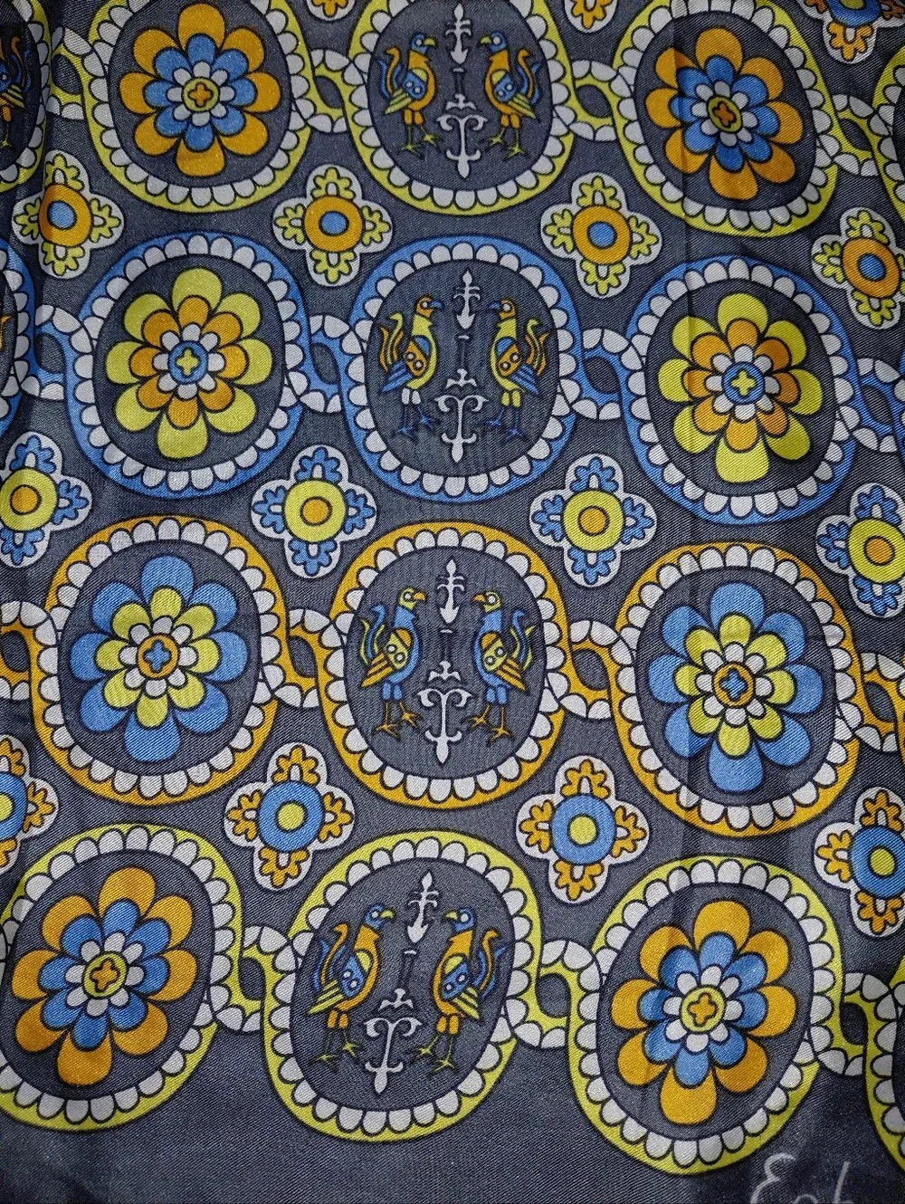 Vintage Echo 100% Silk Scarf Gray Blue Yellow Floral Bird Medallion Retro CC